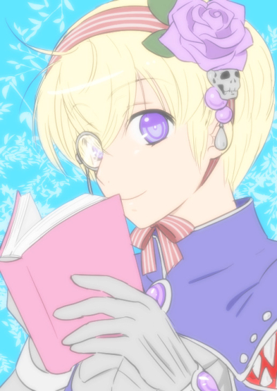 susukinohukurou, creator (ragnarok online), ragnarok online, 1boy, alternate color, blonde hair, blue background, book, cape, closed mouth, flower, gloves, grey-framed eyewear, grey gloves, hair flower, hair ornament, hairband, holding, holding book, looking at viewer, male focus, monocle, purple cape, purple eyes, purple flower, purple rose, red hairband, rose, round eyewear, short hair, skull hair ornament, smile, solo, upper body