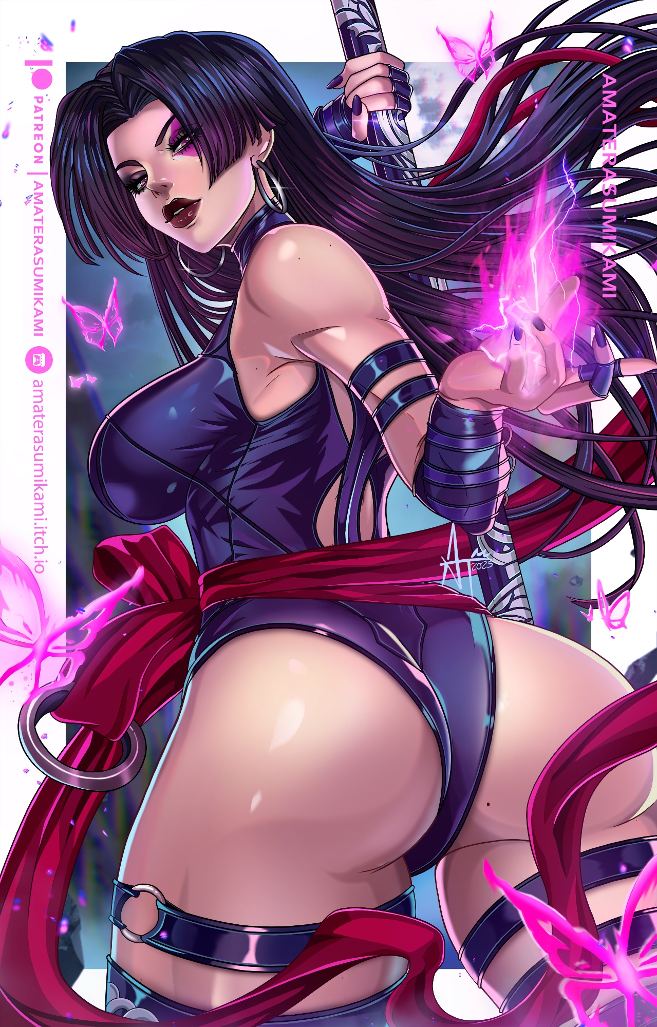 amaterasu (amaterasumikami), psylocke, marvel, marvel rivals, highres, 1girl, ass, black hair, breasts, cowboy shot, halter leotard, halterneck, highleg, highleg leotard, holding, holding weapon, large breasts, leotard, long hair, looking at viewer, mole, mole on ass, patreon username, purple eyes, purple leotard, purple nails, red lips, red sash, sash, solo, weapon