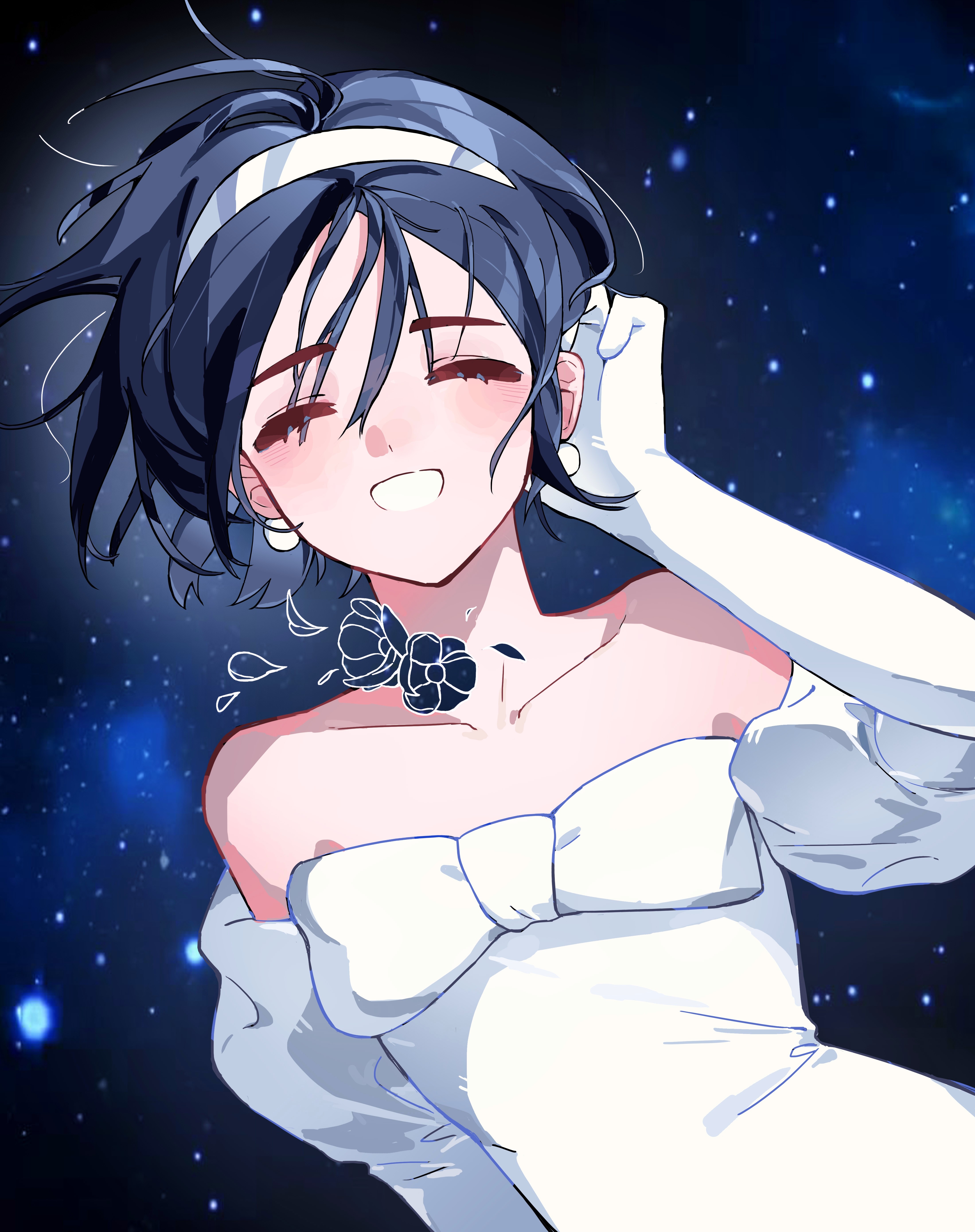 sua (alien stage), alien stage, absurdres, chinese commentary, commentary request, highres, partial commentary, 1girl, bare shoulders, bow, chest bow, closed eyes, collarbone, dress, dress bow, earrings, elbow gloves, gloves, haidan lizi, hairband, jewelry, neck flower, off-shoulder dress, off shoulder, short hair, smile, solo, space, star (sky), tucking hair, white bow, white dress, white gloves, white hairband
