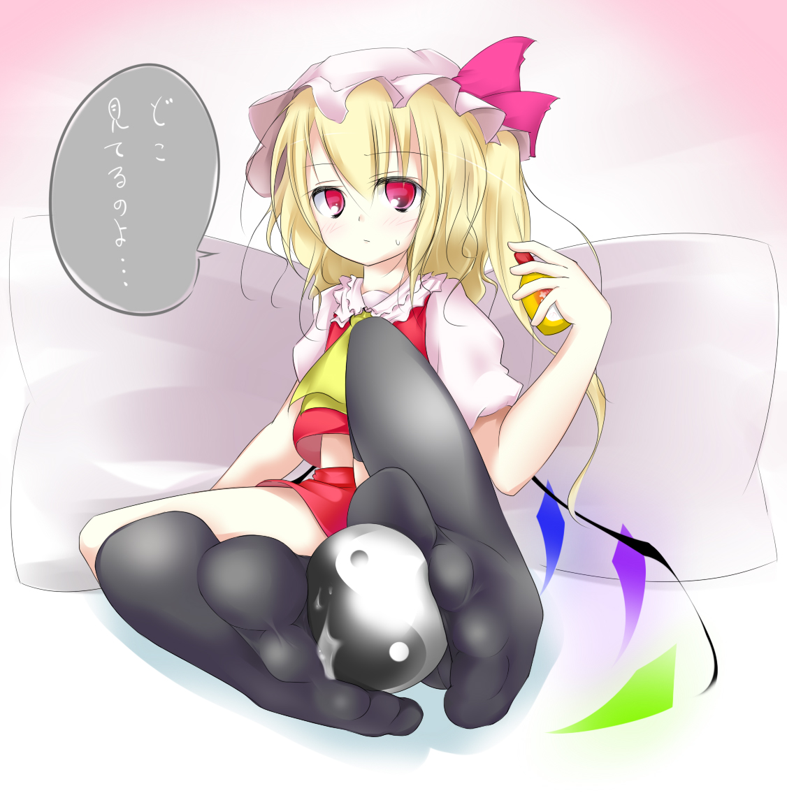oouso, flandre scarlet, touhou, translation request, 1girl, ascot, asymmetrical legwear, black socks, feet, female focus, full body, hat, kneehighs, miniskirt, mob cap, single kneehigh, single sock, sitting, skirt, socks, solo, speech bubble, thighhighs, toes, uneven legwear, yellow ascot