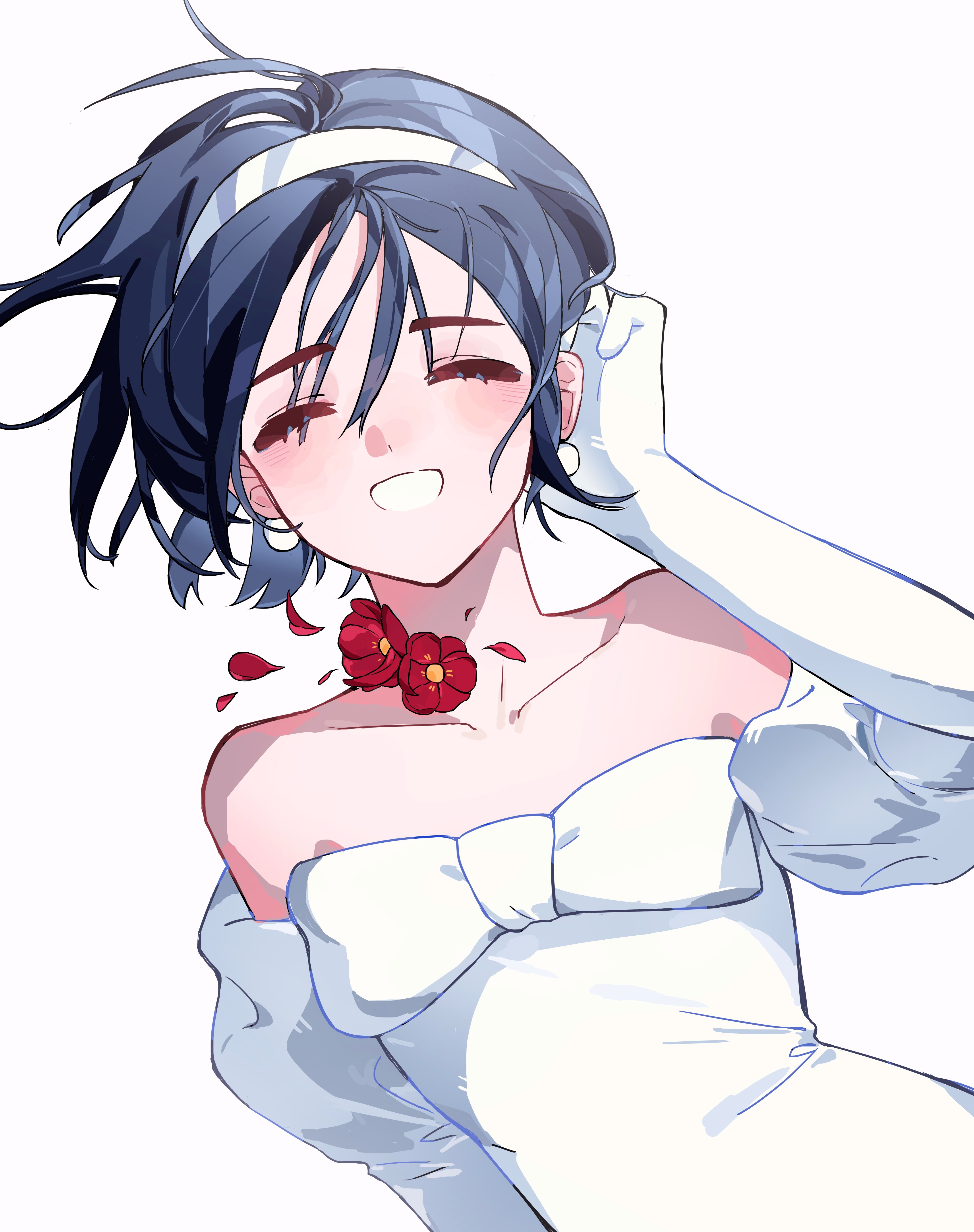 sua (alien stage), alien stage, absurdres, chinese commentary, commentary request, highres, partial commentary, 1girl, bare shoulders, bow, chest bow, closed eyes, collarbone, dress, dress bow, earrings, elbow gloves, flower, gloves, haidan lizi, hairband, jewelry, neck flower, off-shoulder dress, off shoulder, red flower, short hair, simple background, smile, solo, tucking hair, white background, white bow, white dress, white gloves, white hairband