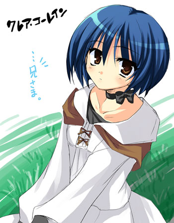 izumi makoto, eyebrows, lowres, translated, 1girl, bad anatomy, blue hair, blush, brown eyes, collarbone, female focus, long sleeves, looking at viewer, poorly drawn, short hair, simple background, solo, white background