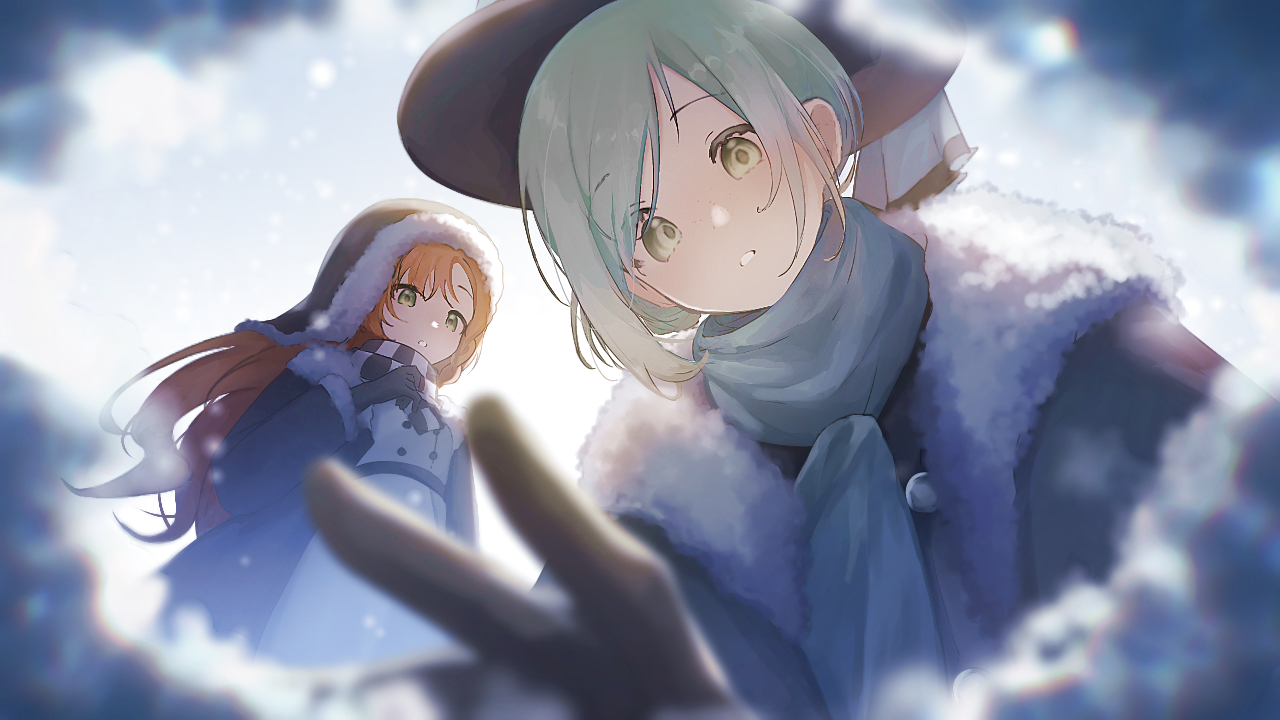 sonetto (reverse:1999), vertin (reverse:1999), reverse:1999, 2girls, black coat, black gloves, black hat, blue scarf, blue sky, boater hat, brown coat, brown gloves, brown hat, checkered clothes, checkered scarf, coat, day, from below, fur-trimmed coat, fur trim, gloves, green eyes, grey eyes, grey hair, hair bun, hand up, hat, long hair, looking at viewer, manaringo23, multiple girls, official alternate costume, orange hair, outstretched hand, parted lips, scarf, short hair, single side bun, sky, snow, upper body, ushanka