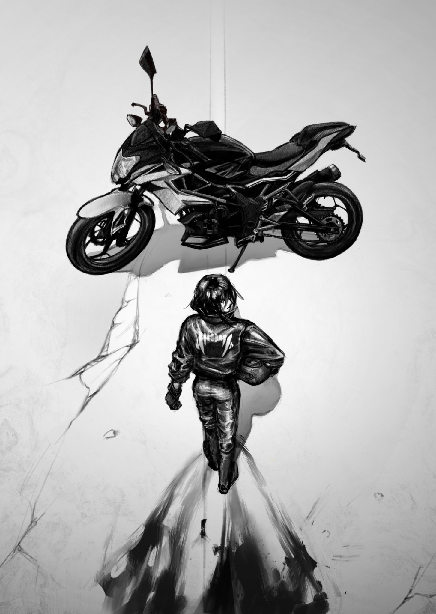 han sooyoung, omniscient reader's viewpoint, highres, ass, black gloves, black hair, black jacket, crack, cracked floor, from above, full body, gloves, greyscale, helmet, holding, holding unworn helmet, jacket, kartoplya arts, looking back, medium hair, monochrome, motor vehicle, motorcycle, sleeves rolled up, smearing, smirk, standing, unworn headwear, unworn helmet, vehicle focus, walking