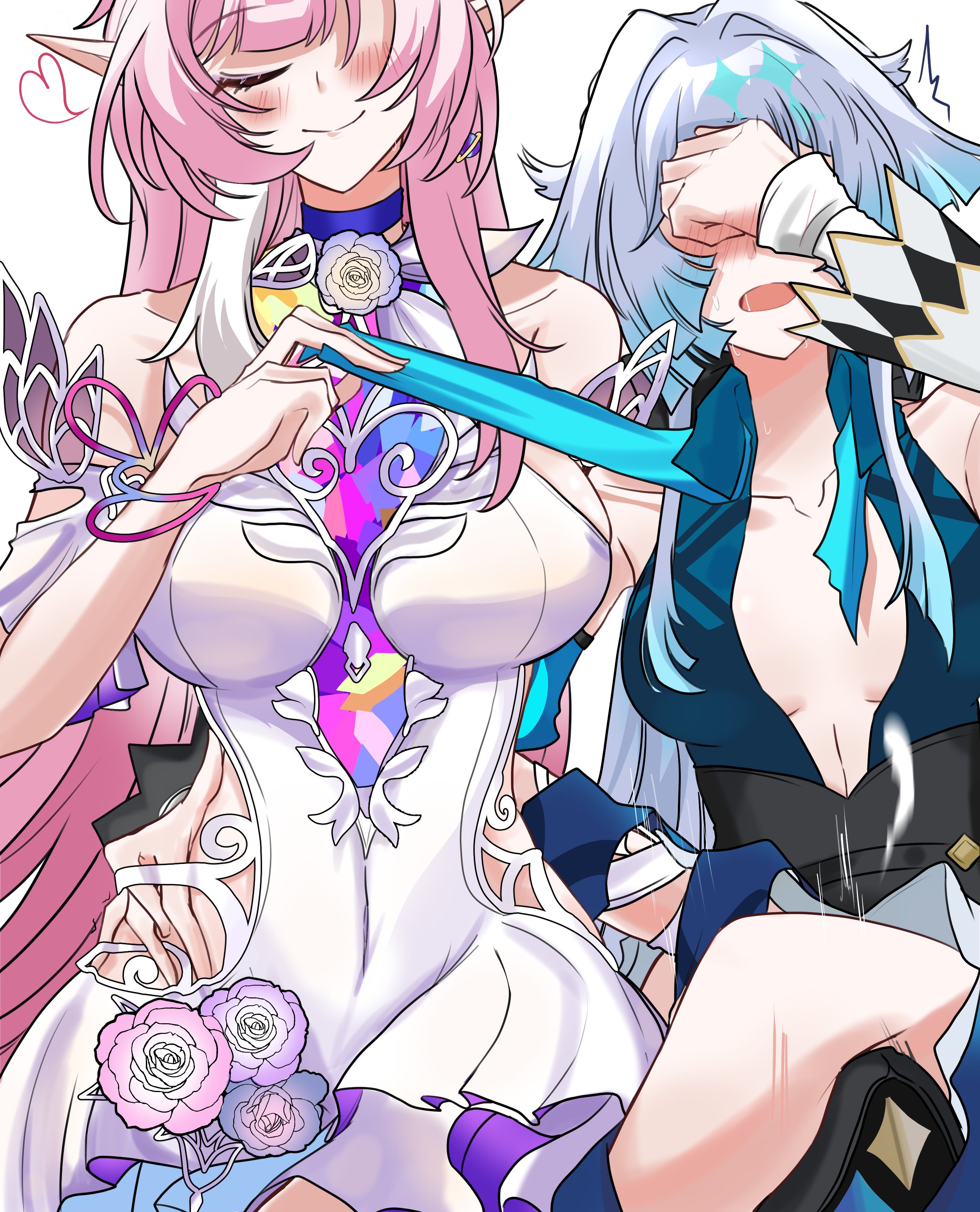 choikfu, cerydra (honkai: star rail), cyrene (honkai: star rail), honkai: star rail, honkai (series), absurdres, highres, 2girls, blue dress, blue hair, blush, breasts, collarbone, covering face, cyrene (ripples of past reverie) (honkai: star rail), dress, hair intakes, heart, long hair, medium breasts, multiple girls, pink hair, pointy ears, simple background, smile, untied ribbon, very long hair, white background, white dress, white hair, yuri