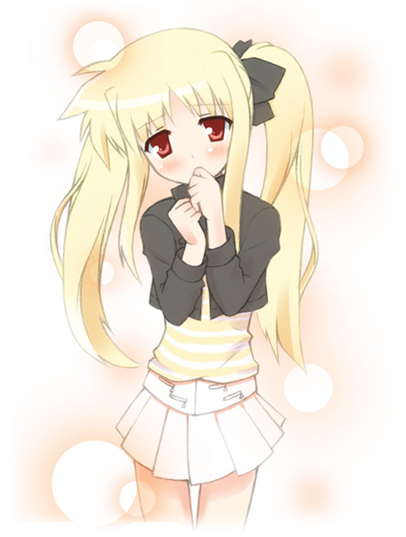 tsukina (artist), fate testarossa, lyrical nanoha, mahou shoujo lyrical nanoha, 00s, 1girl, blonde hair, blush, female focus, head tilt, long sleeves, looking at viewer, miniskirt, own hands together, pleated skirt, red eyes, skirt, solo, standing, thigh gap, twintails, white background, white skirt
