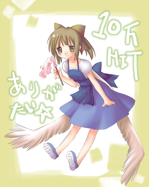dobato, tsubame (dobato), original, 1girl, brown eyes, brown hair, dress, female focus, milestone celebration, ribbon, sitting, solo, wings