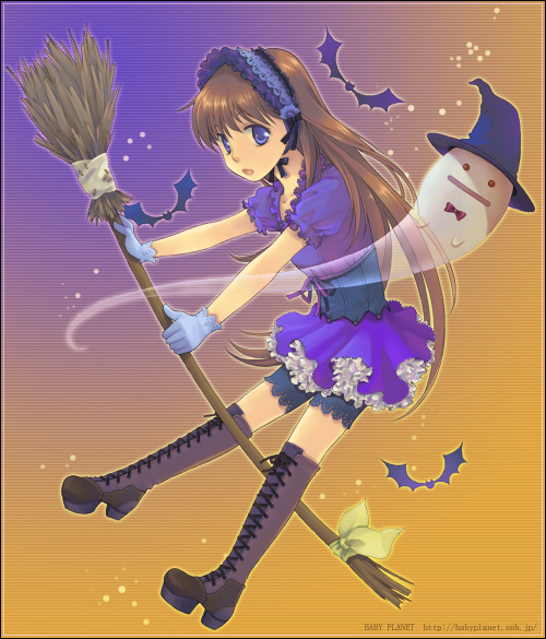 saegusa mizuki, boots, broom, broom riding, corset, dress, ghost, gloves, goth fashion, solo, thighhighs, witch