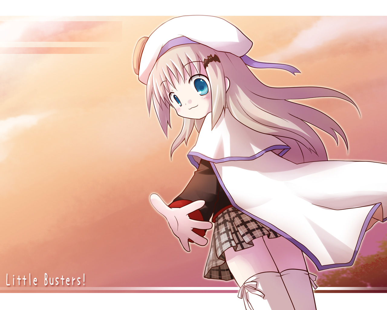 dorua (dollar), noumi kudryavka, little busters!, blue eyes, cape, chibi, hat, kudokabe, long hair, plaid clothes, plaid skirt, school uniform, serafuku, skirt, solo, thighhighs
