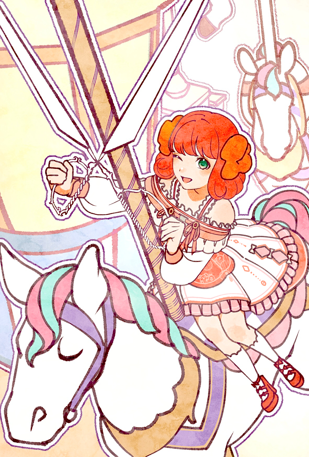 1 hcs, miracle nikki, nikki (series), highres, 1girl, aqua eyes, bare shoulders, blue eyes, blunt bangs, boots, bow, carousel, clothing cutout, double bun, dress, food, footwear bow, frilled dress, frills, fruit, full body, hair bun, happy, high heel boots, high heels, holding, holding scissors, horse, kneehighs, long sleeves, medium dress, medium hair, one eye closed, open mouth, orange hair, outline, oversized object, pleated dress, puffy long sleeves, puffy sleeves, red boots, scissors, shoulder cutout, sitting, smile, socks, solo, square neckline, stylist (nikki), tareme, white bow, white dress, white outline, white socks, yellow background