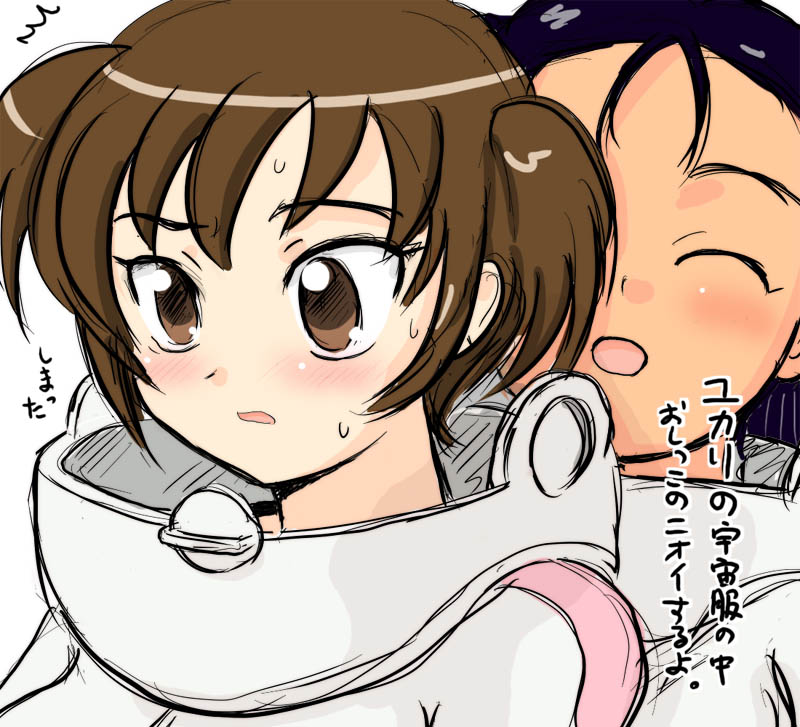 yuuichi (tareme paradise), morita matsuri, morita yukari, rocket girls, translated, 00s, 2girls, bodysuit, dark-skinned female, dark skin, multiple girls, short hair, short twintails, sketch, skin tight, spacesuit, twintails
