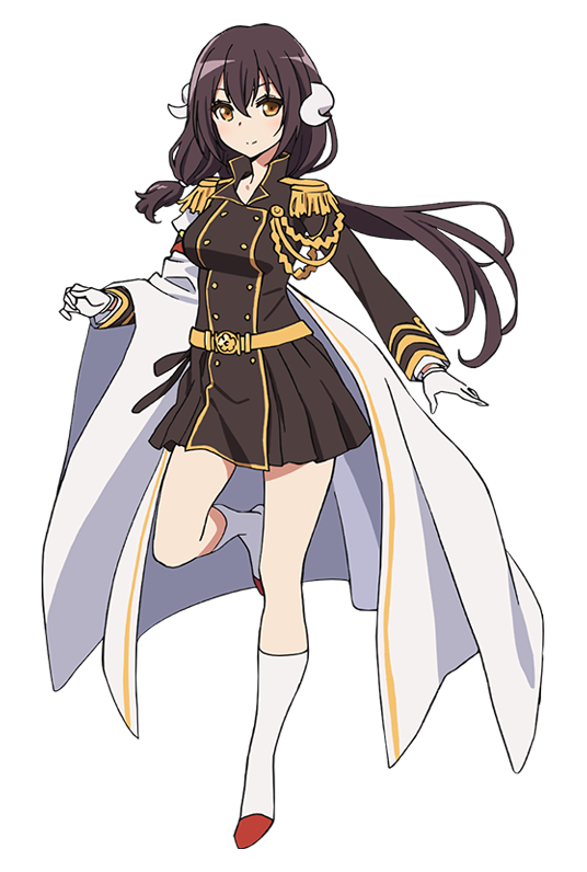 mikasa (azur lane), azur lane, official art, 1girl, anime coloring, belt, black dress, black hair, blush, breasts, brown eyes, cloak, closed mouth, collared dress, crossed bangs, curled horns, dress, epaulettes, full body, gloves, hair between eyes, horns, leg up, long hair, long sleeves, looking at viewer, medium breasts, military uniform, ogiwara rokou, open hand, outstretched arm, red shoes, shoes, short dress, short sidetail, simple background, skirt, smile, socks, solo, standing, standing on one leg, tachi-e, transparent background, very long hair, white cloak, white gloves, white horns, white socks, yellow belt