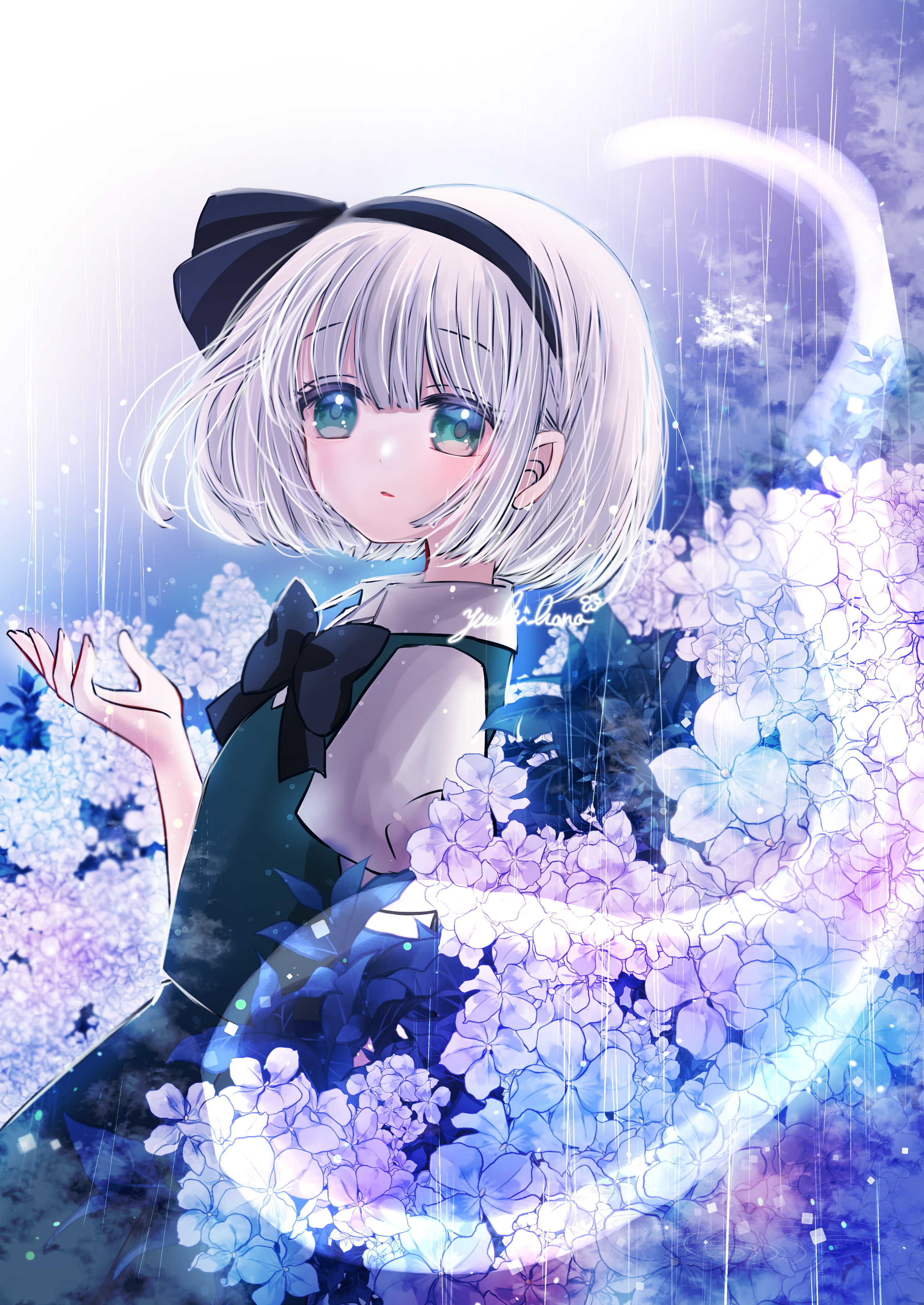 yuuki hana (jtnp5334), konpaku youmu, konpaku youmu (ghost), touhou, absurdres, commentary request, highres, 1girl, black bow, black bowtie, black hairband, black ribbon, bow, bowtie, collared shirt, cowboy shot, flower, from side, green eyes, green skirt, green vest, hair ribbon, hairband, light blush, looking at viewer, looking to the side, parted lips, puffy short sleeves, puffy sleeves, purple flower, rain, ribbon, shirt, short sleeves, skirt, solo, vest, white shirt