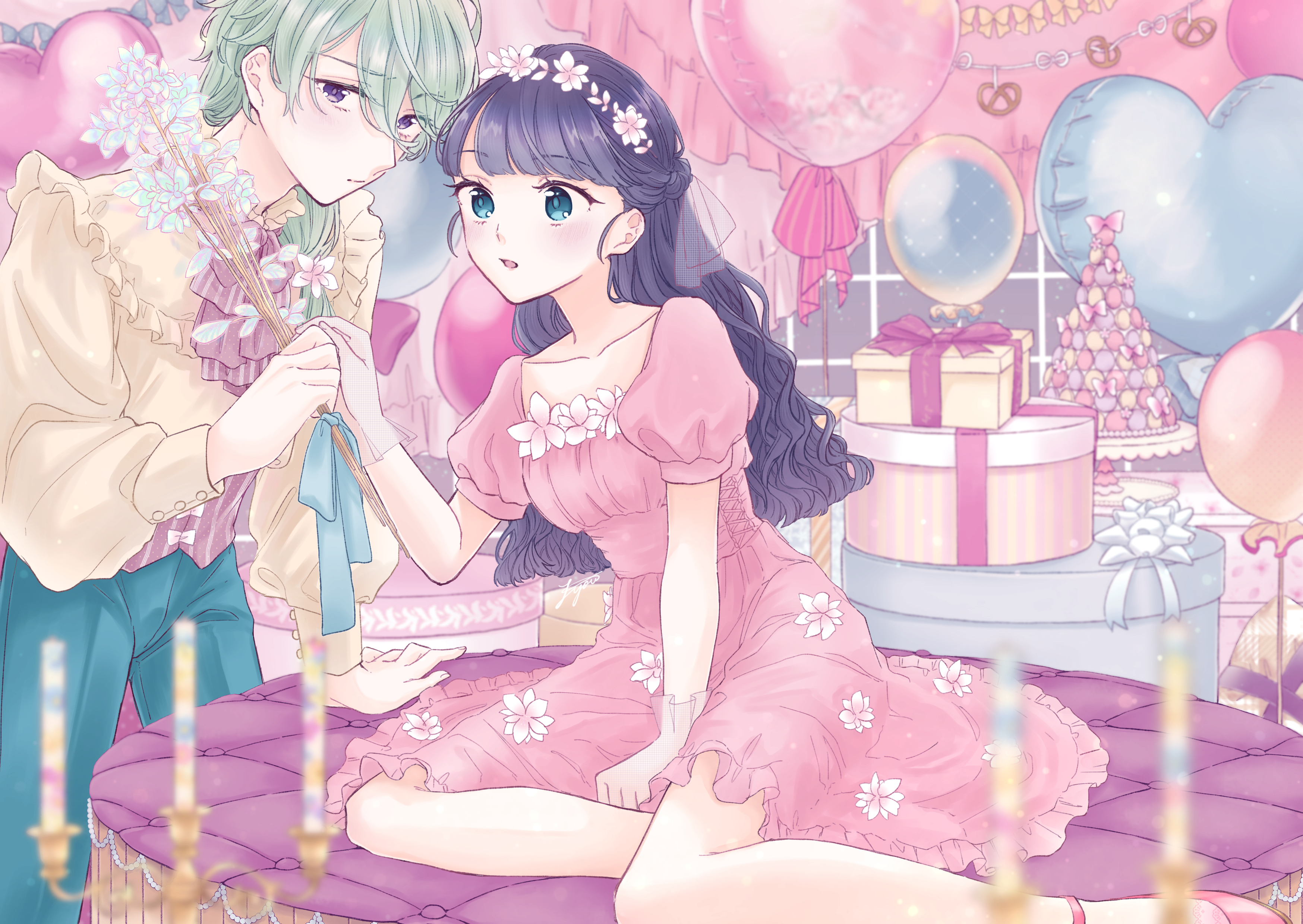 kasai amane, narcistoru, delicious party precure, precure, absurdres, highres, 1boy, 1girl, :o, balloon, blue eyes, blue pants, blunt bangs, blush, bouquet, bow, box, candle, candlestand, couple, cross-laced clothes, cross-laced dress, curtains, dress, dress flower, flower, food, frilled dress, frilled shirt collar, frills, gift, gift box, green hair, grey shirt, head wreath, heart balloon, holding, holding bouquet, long hair, long sleeves, looking at another, looking to the side, macaron, macaron tower, open mouth, pants, pink bow, pink dress, pink sandals, pretzel, puffy short sleeves, puffy sleeves, purple eyes, purple hair, red bow, sandals, shirt, short sleeves, side ponytail, wavy hair, xxzyouxx