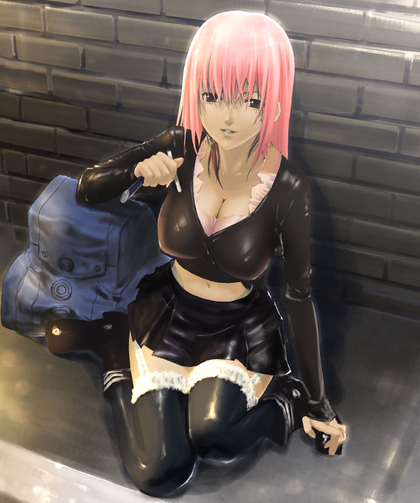 akitama, third-party edit, 1girl, breasts, cigarette, cleavage, female focus, garter straps, leather, lighter, midriff, miniskirt, navel, pink hair, sitting, skirt, solo, thighhighs, zettai ryouiki