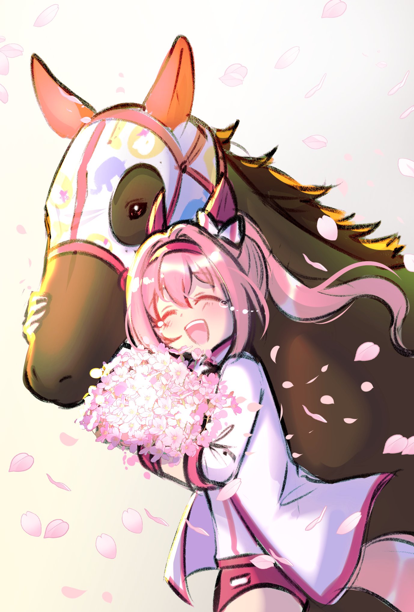 ryuuxin, haru urara (racehorse), haru urara (umamusume), real life, umamusume, highres, 1girl, animal ears, blush, bouquet, bow, brown horse, buruma, closed eyes, creature and personification, crying, ear bow, ear covers, flower, gloves, hairband, haru urara (bestest prize) (umamusume), headband, holding, holding bouquet, horse, horse ears, horse girl, horse tail, jacket, long hair, mask, open mouth, personification, petals, pink buruma, pink hair, pink headband, ponytail, red buruma, red gloves, red headband, shirt, smile, tail, tears, teeth, upper teeth only, white jacket, white shirt