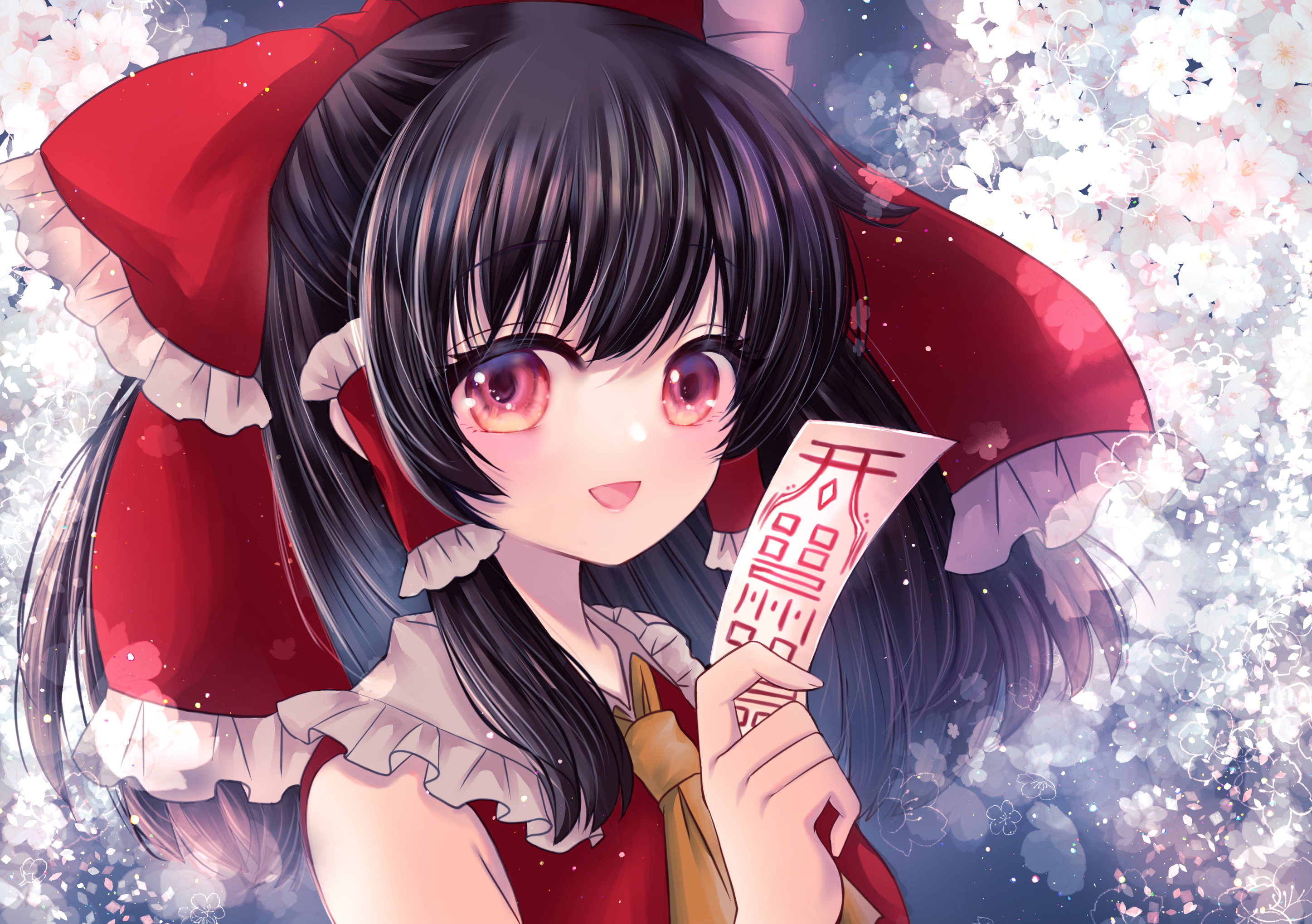 yuuki hana (jtnp5334), hakurei reimu, touhou, commentary request, highres, 1girl, :d, ascot, bare shoulders, black hair, bow, cherry blossoms, collar, flower, frilled bow, frilled collar, frilled hair tubes, frills, grey background, grey collar, hair bow, hair tubes, holding, holding ofuda, light particles, lips, long hair, looking at viewer, ofuda, open mouth, red bow, red eyes, red shirt, shirt, smile, solo, upper body, white flower, yellow ascot