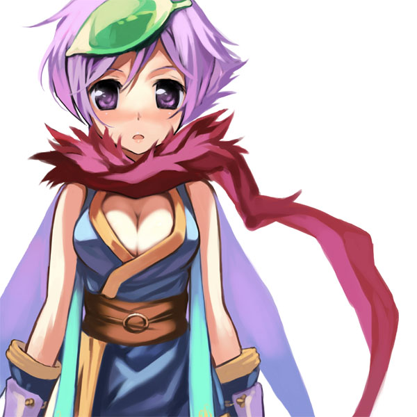 okishiji en, ninja (ragnarok online), ragnarok online, 1girl, breasts, cleavage, feather boa, female focus, ninja, purple hair, short hair, solo