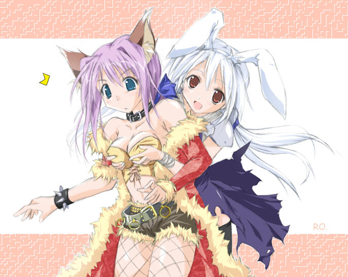 tokita, assassin (ragnarok online), rogue (ragnarok online), ragnarok online, jpeg artifacts, 2girls, animal ear fluff, assassin, fishnet pantyhose, fishnets, kooley's special friend's, multiple girls, off shoulder, pantyhose, pantyhose under shorts, shorts, yuri