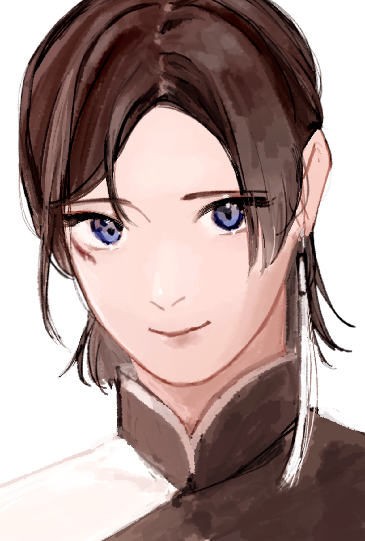 1 hcs, nikki (series), shining nikki, highres, 1boy, black changpao, brown hair, changpao, chinese clothes, closed mouth, earrings, happy, jewelry, lips, looking at viewer, male focus, mandarin collar, parted bangs, purple eyes, qin yi, short hair, simple background, single earring, smile, solo, tassel, tassel earrings, upper body, white background