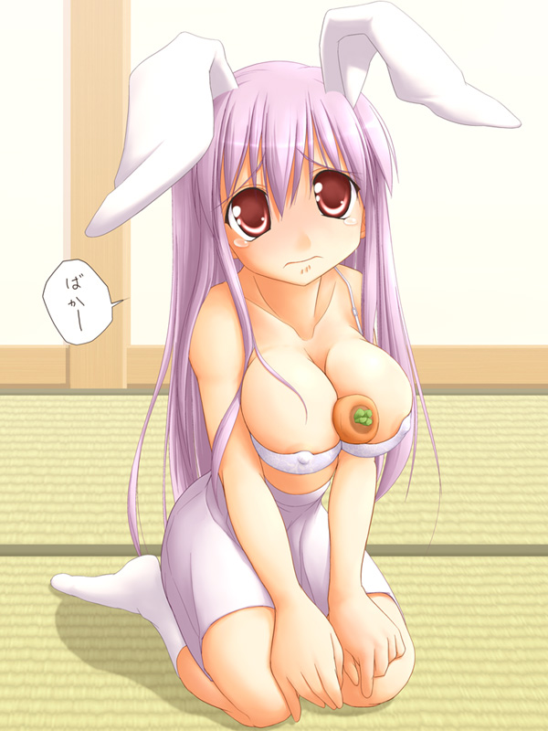 kurikara, reisen udongein inaba, touhou, 1girl, animal ears, between breasts, bra, breasts, carrot, cleavage, female focus, full body, huge breasts, indoors, long hair, purple hair, rabbit ears, red eyes, skirt, socks, solo, tears, underwear