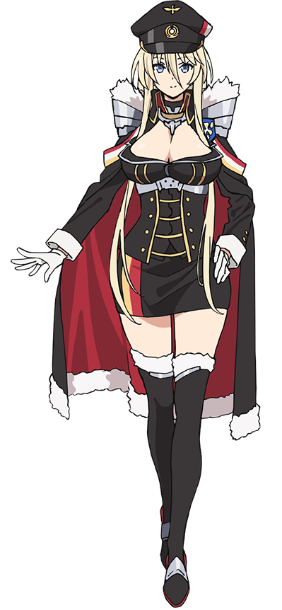 bismarck (azur lane), azur lane, official art, 1girl, anime coloring, black boots, black cloak, black corset, black hat, black jacket, black skirt, blonde hair, blue eyes, boots, breasts, cleavage, cleavage cutout, cloak, closed mouth, clothing cutout, collared cloak, corset, dress, full body, fur-trimmed cloak, fur trim, gloves, hair between eyes, hand on own hip, hat, jacket, large breasts, long hair, long hair between eyes, long sidelocks, looking at viewer, military hat, military uniform, miniskirt, ogiwara rokou, open hand, outstretched arm, peaked cap, pencil skirt, sidelocks, simple background, skirt, smile, solo, spread fingers, standing, tachi-e, thighhighs, thighs, transparent background, very long sidelocks, white gloves
