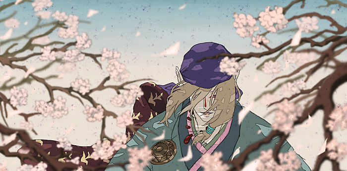 kusuriuri (mononoke), mononoke, 00s, 1boy, bandana, blonde hair, blue eyes, bow, cherry blossoms, durag, facepaint, facial mark, flower, hair over one eye, hair tie, japanese clothes, jewelry, kimono, lipstick, long hair, makeup, male focus, medallion, necklace, obi, pointy ears, sash, sky, solo, sun symbol, tree, wind