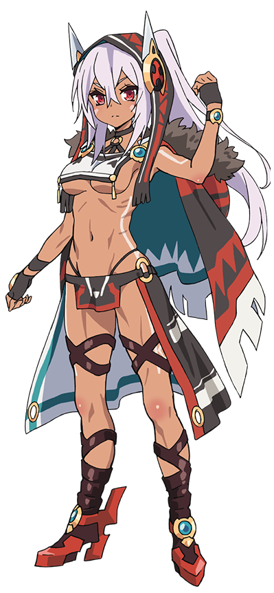 minneapolis (azur lane), azur lane, official art, 1girl, anime coloring, ankle wrap, arm up, black gloves, blush, bodypaint, breast curtain, breasts, brown cape, brown hood, cape, clenched hands, closed mouth, crossed bangs, dark-skinned female, dark skin, elbow blush, facepaint, full body, fur-trimmed cape, fur trim, gloves, hair between eyes, high ponytail, highleg, highleg panties, knee blush, loincloth, long hair, looking at viewer, medium breasts, multicolored cape, native american, navel, o-ring, o-ring bottom, ogiwara rokou, panties, ponytail, red eyes, red shoes, revealing clothes, ribs, shoes, sidelocks, simple background, solo, standing, tachi-e, transparent background, underboob, underwear, v-shaped eyebrows, very long hair, white hair
