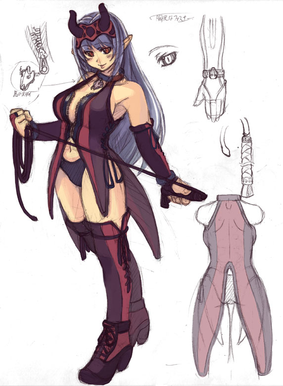 mil (xration), zealotus, zherlthsh, ragnarok online, 1girl, blue hair, blush, demon girl, elf, female focus, horns, mask, navel, pointy ears, red eyes, sketch, solo, standing, thighhighs, whip