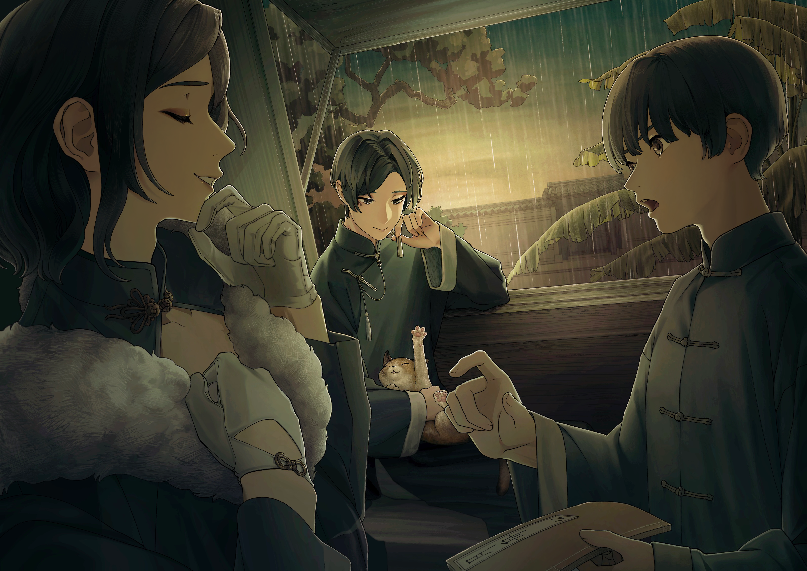 1 hcs, nikki (series), shining nikki, character request, highres, 3boys, androgynous, animal, animal on lap, architecture, black changpao, black hair, bonsai, book, cat, cat on lap, changpao, chinese clothes, cleavage cutout, closed eyes, clothing cutout, collarbone, collared shirt, diamond cutout, earrings, east asian architecture, expressionless, eyeshadow, fur shawl, gate, gloves, grey eyes, grey pants, grey shirt, grin, hand on own chest, hand on own chin, happy, holding, holding animal, holding book, holding cat, indoors, jewelry, lipstick, makeup, male focus, mandarin collar, marking on cheek, multiple boys, on lap, outstretched hand, pants, pink eyeshadow, pink lips, qin yi, rain, shawl, shirt, short hair, single earring, sitting, smile, standing, sunset, talking, tangzhuang, tassel, tassel earrings, white gloves, white shawl, yueniang