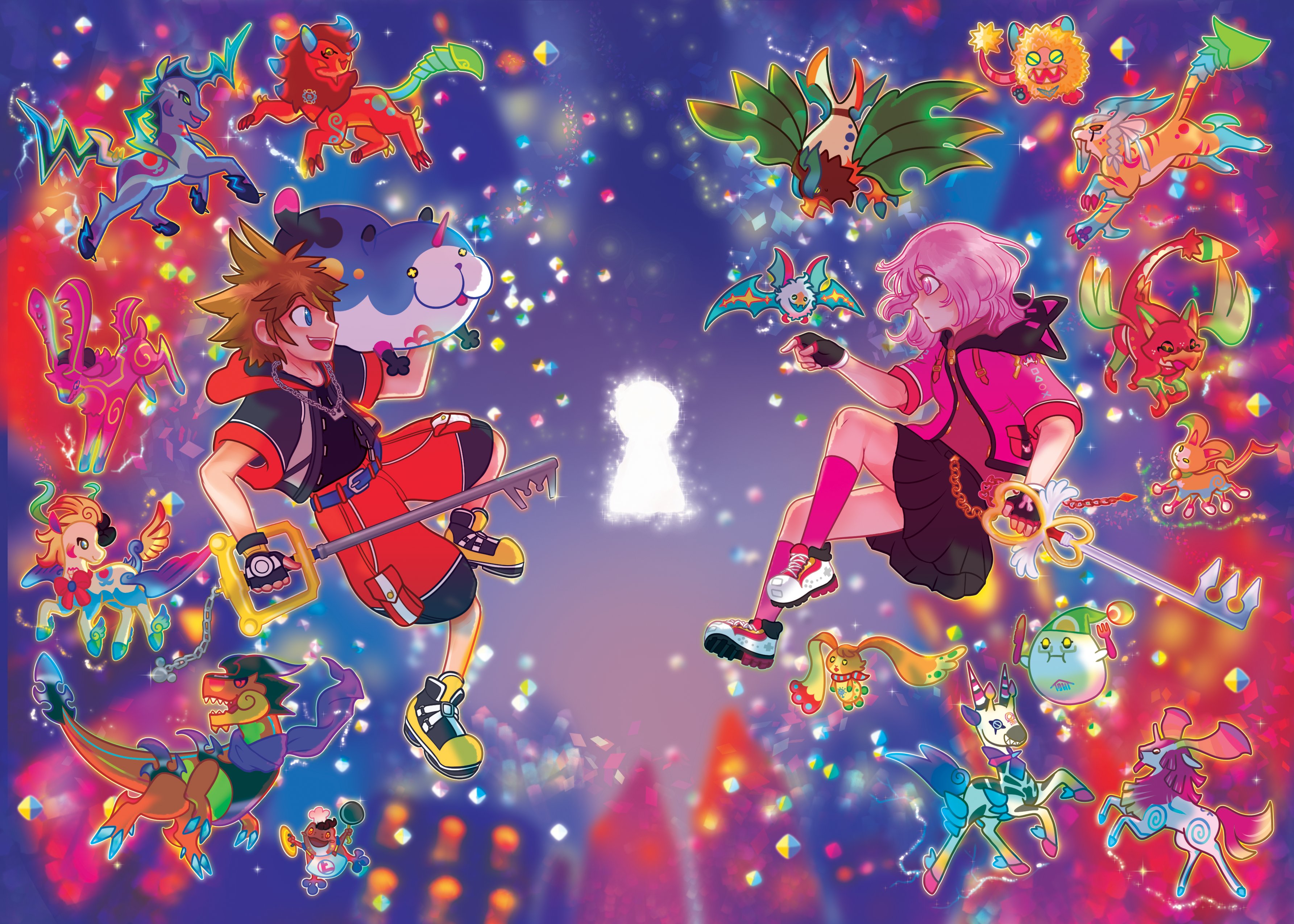 twinklelitchii, koumori bat, nanami chiaki, sora (kingdom hearts), danganronpa (series), danganronpa 2: goodbye despair, kingdom hearts, kingdom hearts 3d: dream drop distance, absurdres, commentary, english commentary, highres, 1boy, 1girl, alternate costume, animal hood, aura lion, bat (animal), black gloves, black jacket, black shirt, black skirt, blue eyes, boukun rex, brown hair, cat hood, chain, closed mouth, crossover, dream eater (kingdom hearts), elec-unicorn, eyelashes, fangs, fingerless gloves, fork, full body, gloves, green hat, handsome pegasus, hari lion, hat, holding, holding fork, holding key, holding knife, holding weapon, hood, hood down, hooded jacket, horns, idaten kirin, jacket, jewelry, kaeru chef (kingdom hearts), key, keyblade, keyhole, kiba tiger, kneehighs, knife, mimi bunny (kingdom hearts), naru bird, necklace, neko cat (kingdom hearts), obake ghost (kingdom hearts), open clothes, open jacket, open mouth, pants, pink eyes, pink hair, pink jacket, pink socks, red pants, red shirt, ryu dragon (kingdom hearts), sharp teeth, shirt, shoes, short hair, short sleeves, skirt, smile, socks, sparkle, spiked hair, teeth, upper teeth only, weapon, white shoes, wondernyan (kingdom hearts), yagi cyber, yagi horn, yellow shoes
