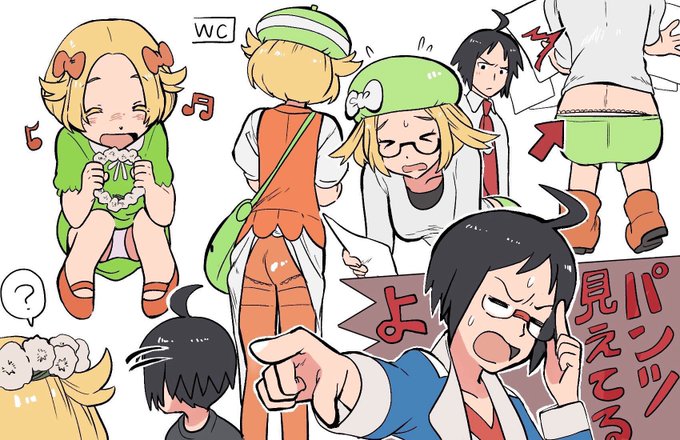 nashubi (to infinity wow), bianca (pokemon), cheren (pokemon), nintendo, pokemon, pokemon bw, pokemon bw2, translation request, > <, 1boy, 1girl, ahoge, ass, black hair, blonde hair, closed eyes, flying sweatdrops, glasses, green hat, hat, head wreath, looking at another, looking up, multiple views, musical note, necktie, open mouth, panties, pantyshot, red necktie, sweater, underwear, white sweater