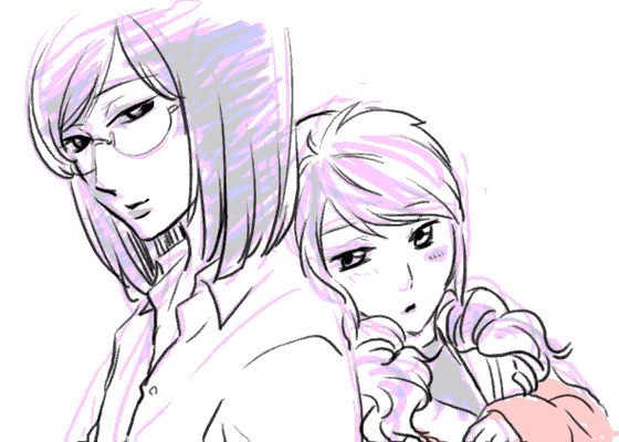 feldt grace, tieria erde, gundam, gundam 00, 00s, 1boy, 1girl, back-to-back, blush, collared shirt, curly hair, dress shirt, expressionless, glasses, long hair, looking at viewer, purple hair, rimless eyewear, shirt, simple background, white background, white shirt