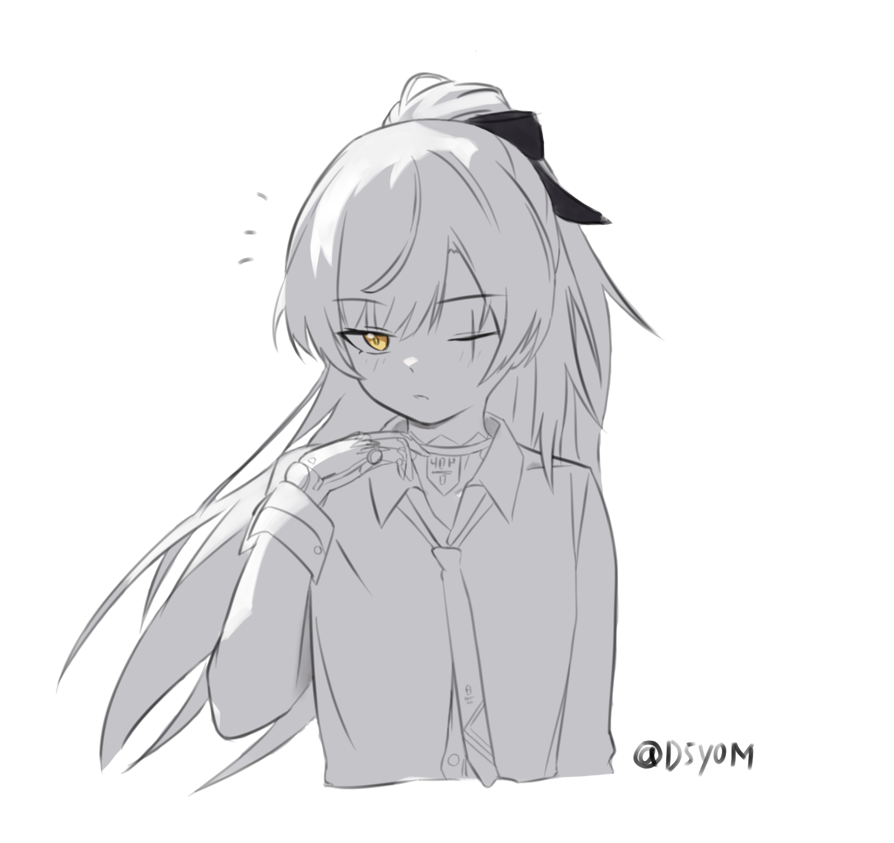 d5y0m, leva (girls' frontline 2), ump45 (girls' frontline), girls' frontline, girls' frontline 2: exilium, highres, 1girl, collared shirt, greyscale, long hair, long sleeves, mechanical arms, monochrome, necktie, notice lines, one eye closed, ponytail, scar, scar across eye, scar on face, shirt, simple background, single mechanical arm, solo, spot color, twitter username, upper body, very long hair, white background, yellow eyes