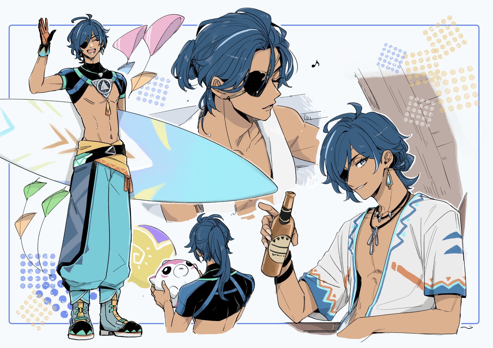 nendo (n), kaeya (genshin impact), genshin impact, commentary request, highres, 1boy, :d, ^ ^, antenna hair, ball, beer bottle, belt, black belt, black gloves, black shirt, blue boots, blue eyes, blue hair, blue pants, boots, bottle, brown gloves, closed eyes, collarbone, crop top, dark-skinned male, dark skin, earrings, eyepatch, facing away, gloves, hair between eyes, half updo, hand up, holding, holding bottle, holding surfboard, jewelry, kite, long hair, looking at another, male focus, multicolored hair, multicolored pants, multiple views, musical note, navel, necklace, open clothes, open mouth, open shirt, pants, parted bangs, parted lips, pectorals, ponytail, shirt, short sleeves, single earring, smile, standing, stomach, streaked hair, surfboard, teeth, topless male, towel, towel around neck, two-tone gloves, upper body, waving, white background, white shirt