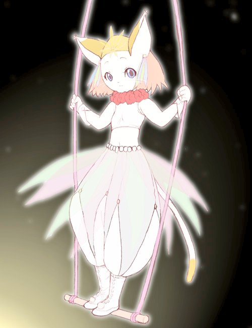 heika (heikahp), meena (brave story), brave story, trapeze, commentary request, 1girl, animal ears, blue eyes, boots, cat ears, cat tail, closed mouth, colored skin, crop top, earrings, full body, gloves, jewelry, looking at viewer, midriff, neck ruff, pants, pants under skirt, pink hair, puffy pants, see-through clothes, see-through skirt, shirt, short hair, skirt, sleeveless, sleeveless shirt, solo, standing, tail, whiskers, white boots, white gloves, white pants, white shirt, white skin