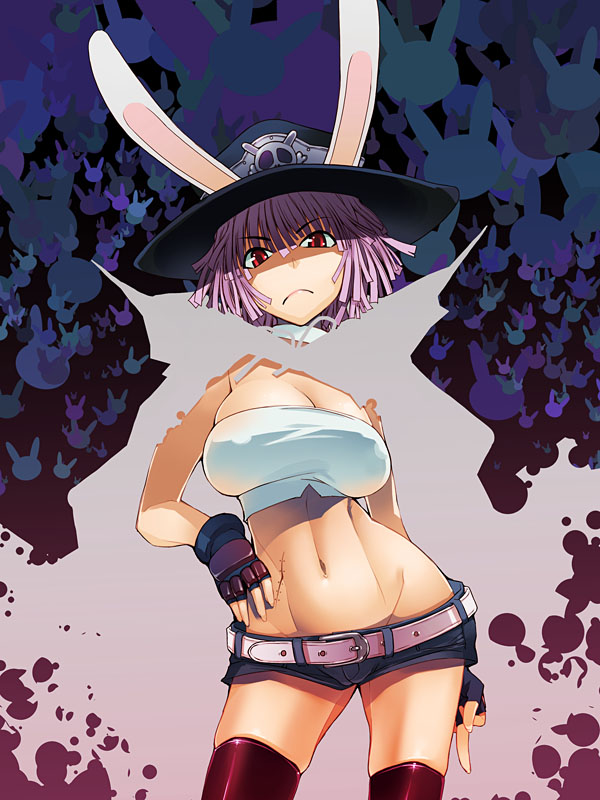 asaki takayuki, buredo, death bunny, wrestle! idol, 1girl, angry, animal ears, bandeau, belt, breasts, cameltoe, cape, choker, cleavage, dreadlocks, female focus, fingerless gloves, frown, gloves, groin, hand on own hip, hat, hip focus, large breasts, lowleg, middle finger, midriff, navel, pink hair, rabbit, rabbit ears, red eyes, scar, shirt, short hair, short shorts, shorts, skindentation, skull and crossbones, solo, standing, strapless, taut clothes, taut shirt, thighhighs, tube top, wide hips, zettai ryouiki