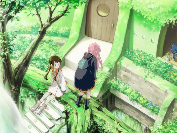 anezaki (egg), yohsuke (kanoto yousuke), anemone (eureka seven), sakuya (eureka seven), eureka seven, eureka seven (series), original, 00s, 2girls, backpack, bag, boots, brown hair, cat, day, doorway, flower, frills, green theme, long hair, multiple girls, nature, outdoors, overgrown, pink hair, plant, randoseru, ribbon, sitting, sitting on stairs, stairs, tree, treehouse, vines, water, waterfall