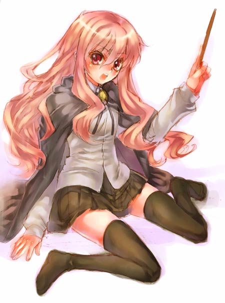 tenkuu sphere, louise francoise le blanc de la valliere, zero no tsukaima, 00s, 1girl, cape, female focus, pentacle, sitting, solo, thighhighs, wand, wariza, white background, zettai ryouiki