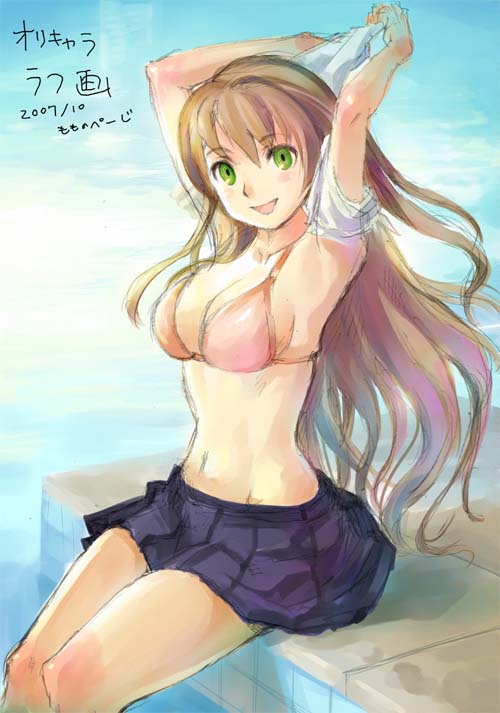 momose hisashi, original, 1girl, arms up, bra, breasts, dated, female focus, large breasts, lingerie, long hair, navel, school uniform, serafuku, signature, sitting, sketch, skirt, soaking feet, solo, underwear, undressing, water