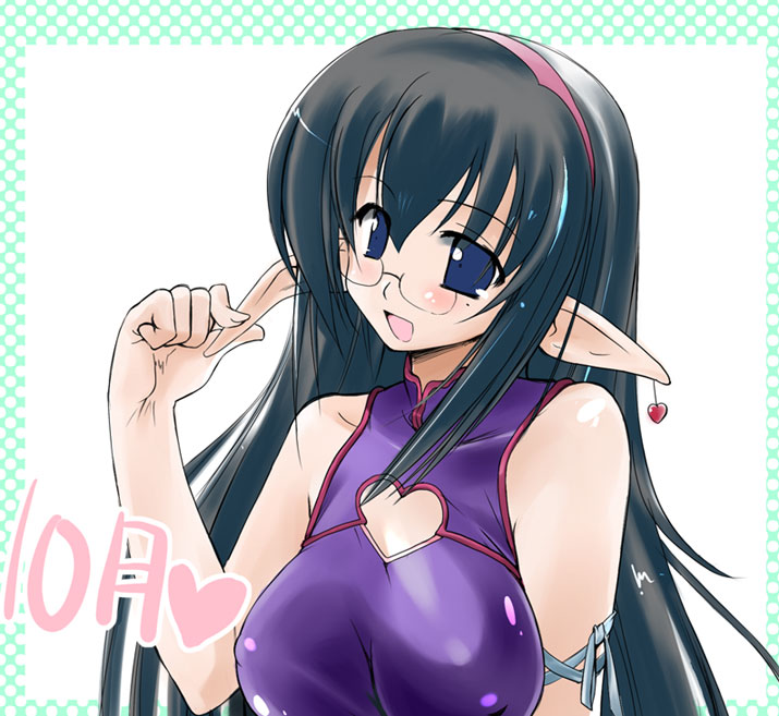 takashita takashi, original, 1girl, china dress, chinese clothes, dress, elf, female focus, glasses, pointy ears, solo