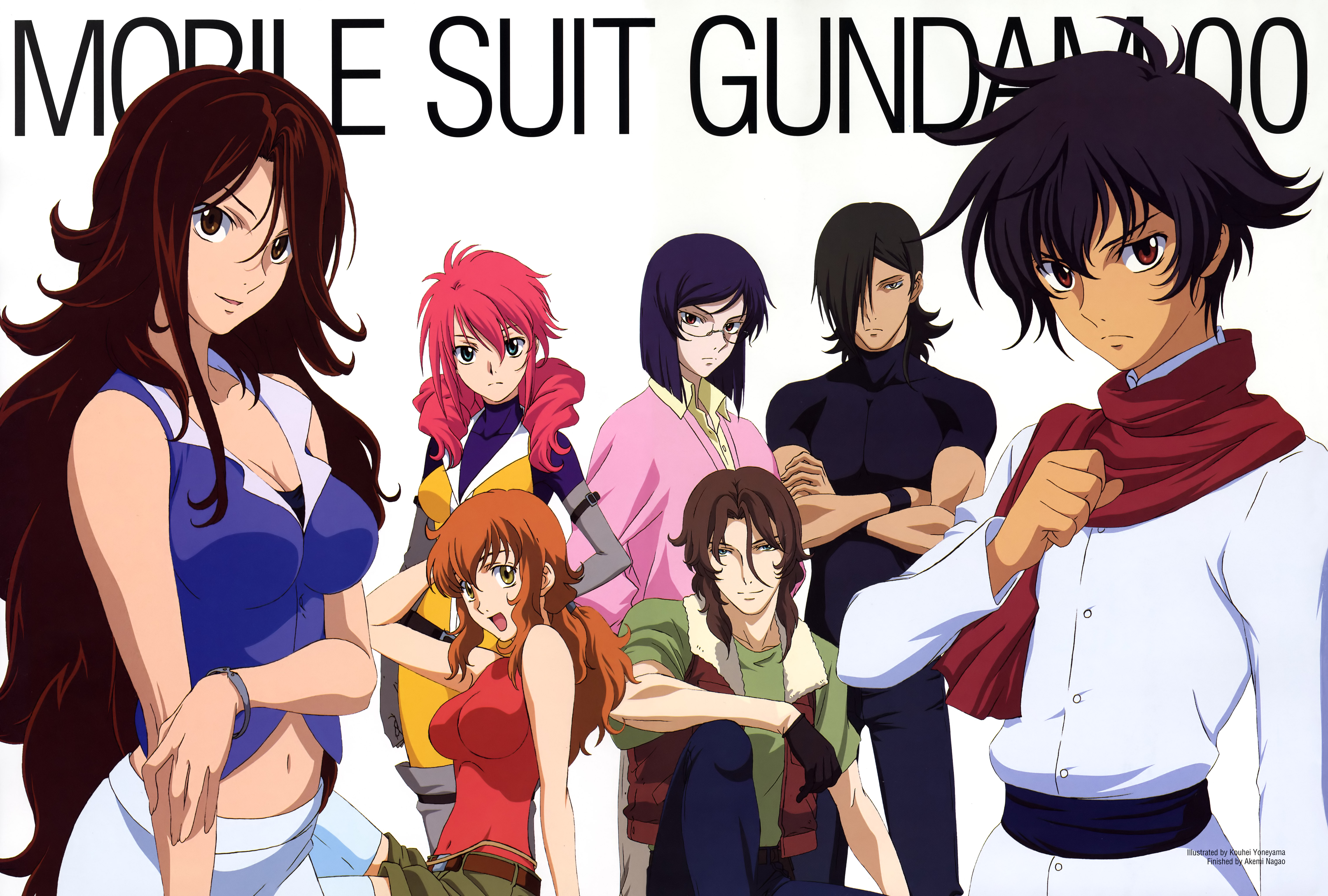 allelujah haptism, christina sierra, feldt grace, lockon stratos, setsuna f. seiei, sumeragi lee noriega, tieria erde, gundam, gundam 00, absurdres, highres, official art, 00s, 3girls, 4boys, midriff, multiple boys, multiple girls, navel