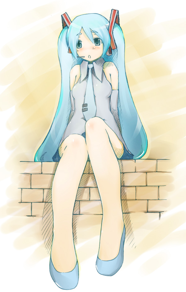yukari (konekonekozou), hatsune miku, vocaloid, adapted costume, arms at sides, blouse, blue shoes, collared shirt, grey shirt, hair between eyes, knees together feet apart, konekonekozou, long hair, shirt, shoes, sleeveless, sleeveless shirt, twintails, very long hair, yellow background