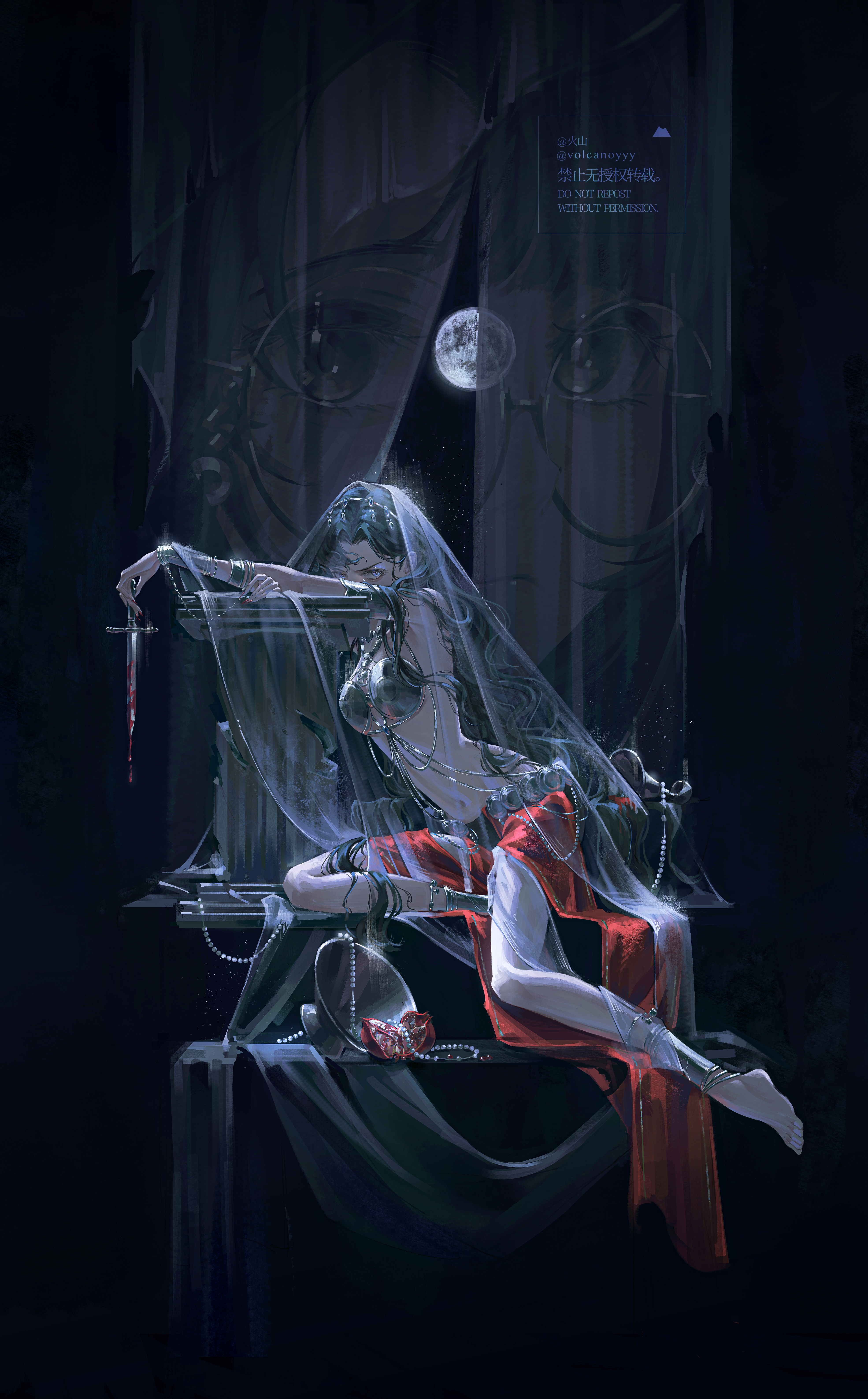 volcanoyyy, isolde (reverse:1999), kakania (reverse:1999), reverse:1999, absurdres, chinese commentary, commentary request, highres, 1girl, anklet, armlet, armor, artist name, barefoot, bikini armor, black hair, blood, bloody knife, bracelet, breastplate, dagger, feet, full moon, glasses, holding, holding dagger, holding knife, holding weapon, jewelry, knife, long hair, looking at viewer, moon, navel, red skirt, round eyewear, see-through clothes, see-through veil, sitting, skirt, solo, veil, very long hair, watermark, weapon