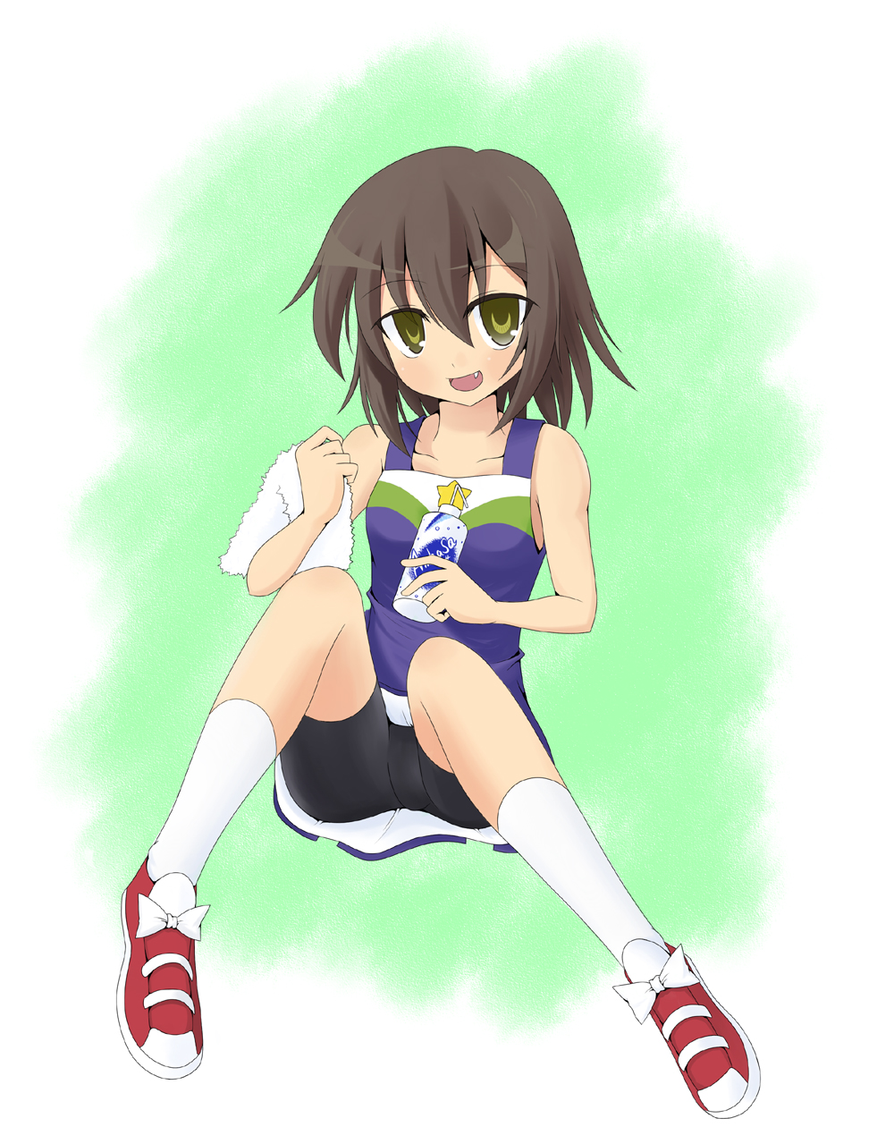 blue pony, bluepony, kusakabe misao, lucky star, highres, 00s, bike shorts, bottle, brown eyes, brown hair, cheerleader, fang, short hair, solo, spandex, towel, yellow eyes