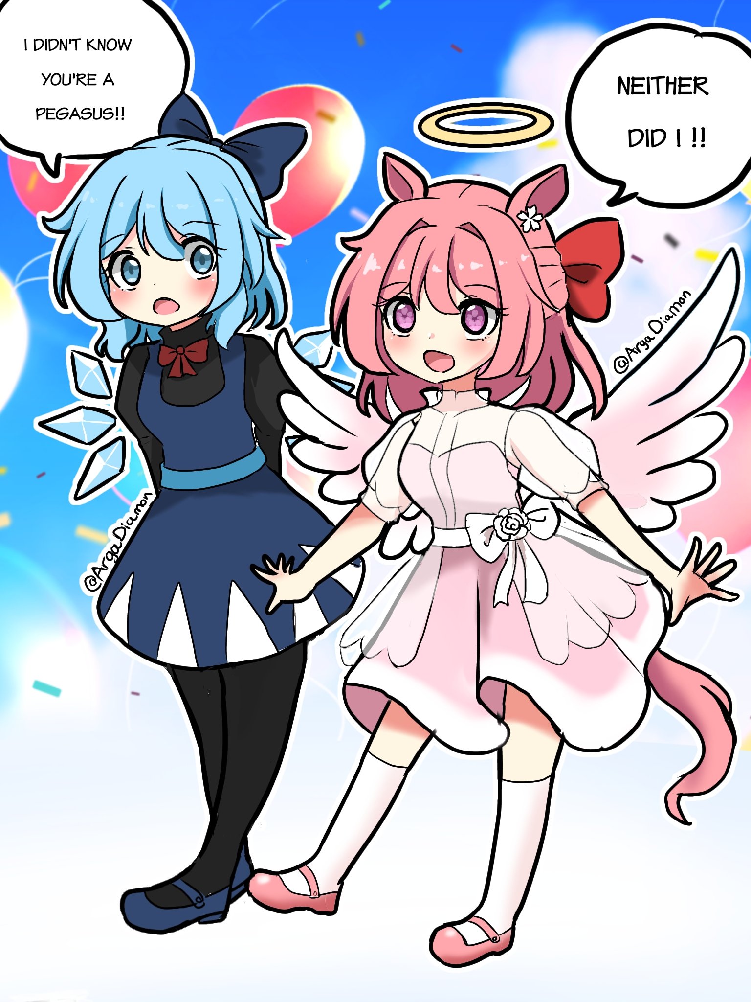 diamon arga, cirno, haru urara (umamusume), touhou, umamusume, commentary, english commentary, highres, 2girls, animal ears, balloon, black pantyhose, black shirt, blue dress, blue eyes, blue hair, blue shoes, blush, bow, bowtie, cirno day, confetti, crossover, date connection, dress, english text, feathered wings, flower-shaped pupils, flying, full body, halo, horse ears, horse girl, horse tail, ice, ice wings, looking at another, looking to the side, mary janes, multiple girls, open mouth, pantyhose, pink eyes, pink hair, pink shoes, pink wings, red bow, red bowtie, shirt, shoes, short hair, smile, symbol-shaped pupils, tail, wings, yellow halo