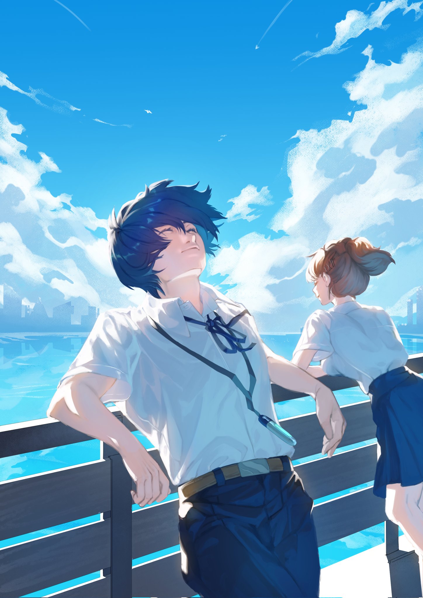 xielcys, shiomi kotone, yuuki makoto (persona 3), persona, persona 3, persona 3 portable, facing up, highres, 1boy, 1girl, against railing, belt, belt buckle, black pants, black ribbon, black skirt, blue hair, brown belt, brown hair, buckle, closed eyes, closed mouth, cloud, collared shirt, digital media player, gekkoukan high school uniform, hair ornament, hairclip, neck ribbon, pants, ponytail, railing, ribbon, school uniform, shirt, shirt tucked in, short hair, short ponytail, short sleeves, skirt, white shirt