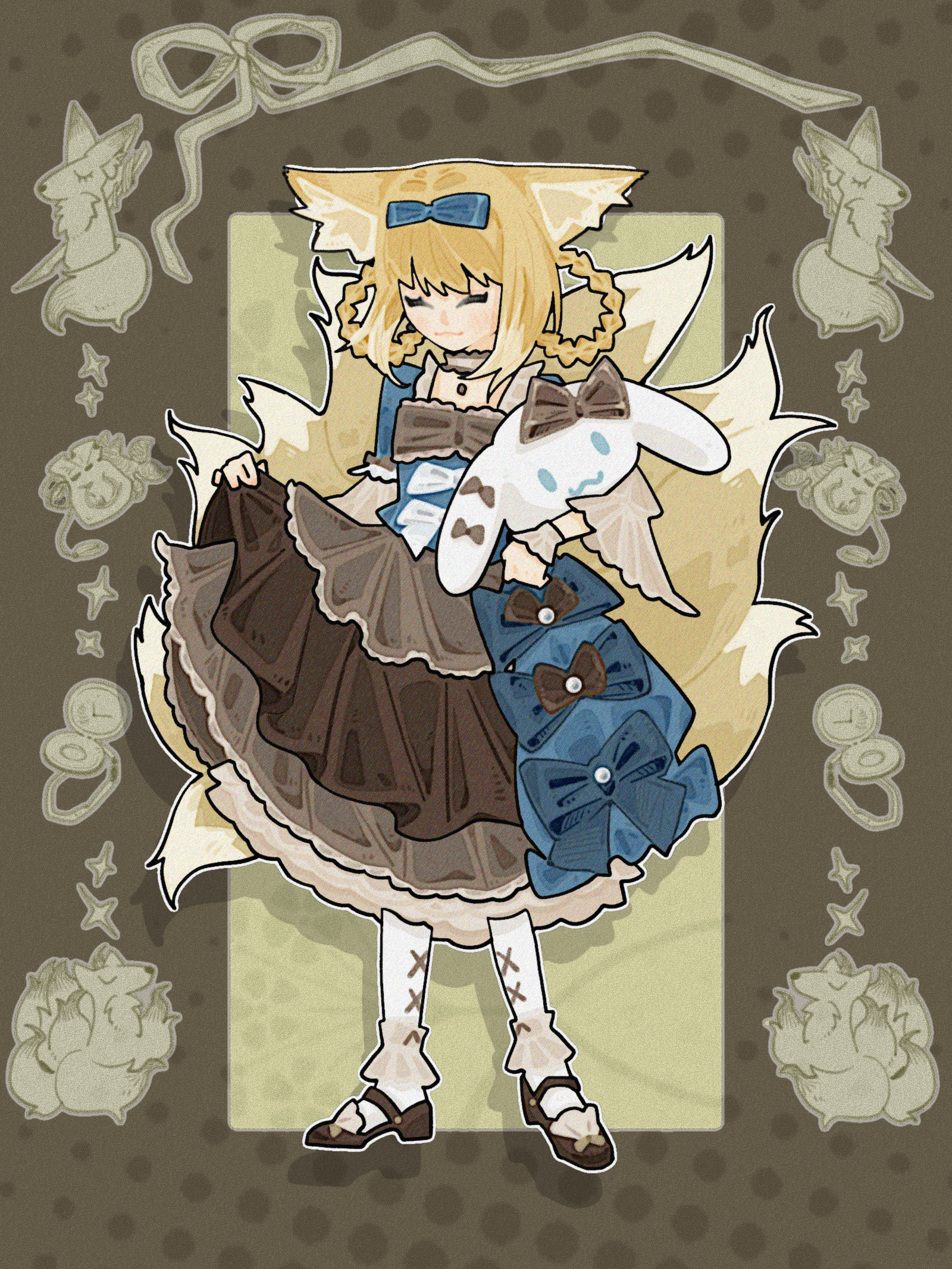 cinnamoroll, suzuran (arknights), arknights, fuwa fuwa cinnamoroll, sanrio, chinese commentary, commentary request, highres, 1girl, alternate costume, animal ears, blonde hair, blue bow, bow, braid, braided hair rings, brown dress, buzhi suo yan, closed eyes, closed mouth, crossover, dress, fox ears, fox girl, fox tail, hair bow, hair rings, holding, kitsune, kyuubi, multiple tails, short hair, skirt hold, solo, tail, twin braids