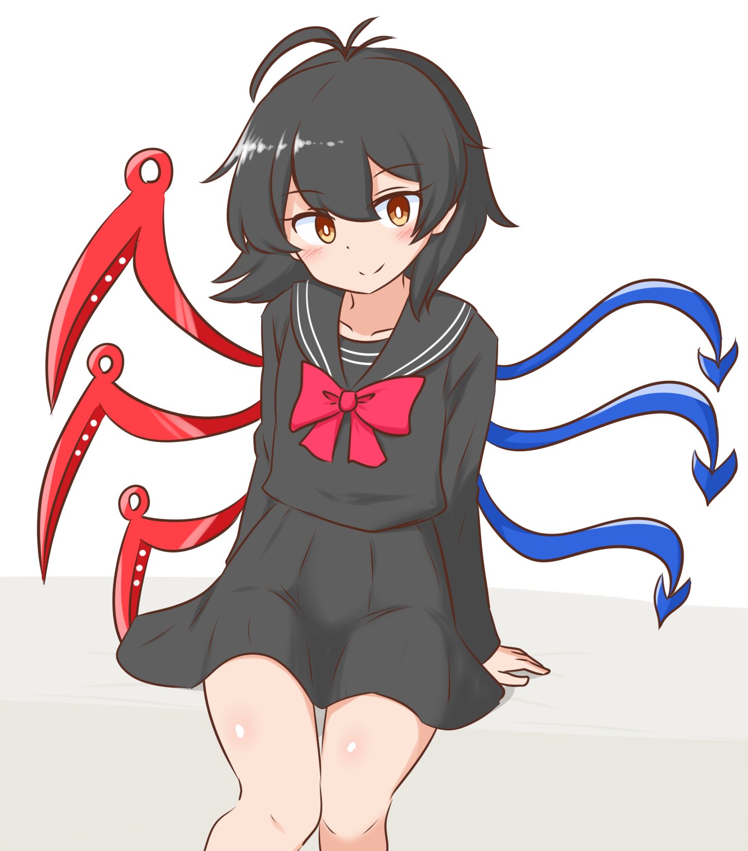 mizusoba, houjuu nue, touhou, commentary, commission, highres, 1girl, adapted costume, asymmetrical wings, black hair, black sailor collar, black serafuku, black shirt, black skirt, blush, bow, bowtie, bright pupils, closed mouth, collarbone, dot nose, hair between eyes, long sleeves, looking at viewer, red bow, red bowtie, sailor collar, school uniform, serafuku, shirt, short hair, simple background, skirt, smile, solo, split mouth, white background, white pupils, wings, yellow eyes