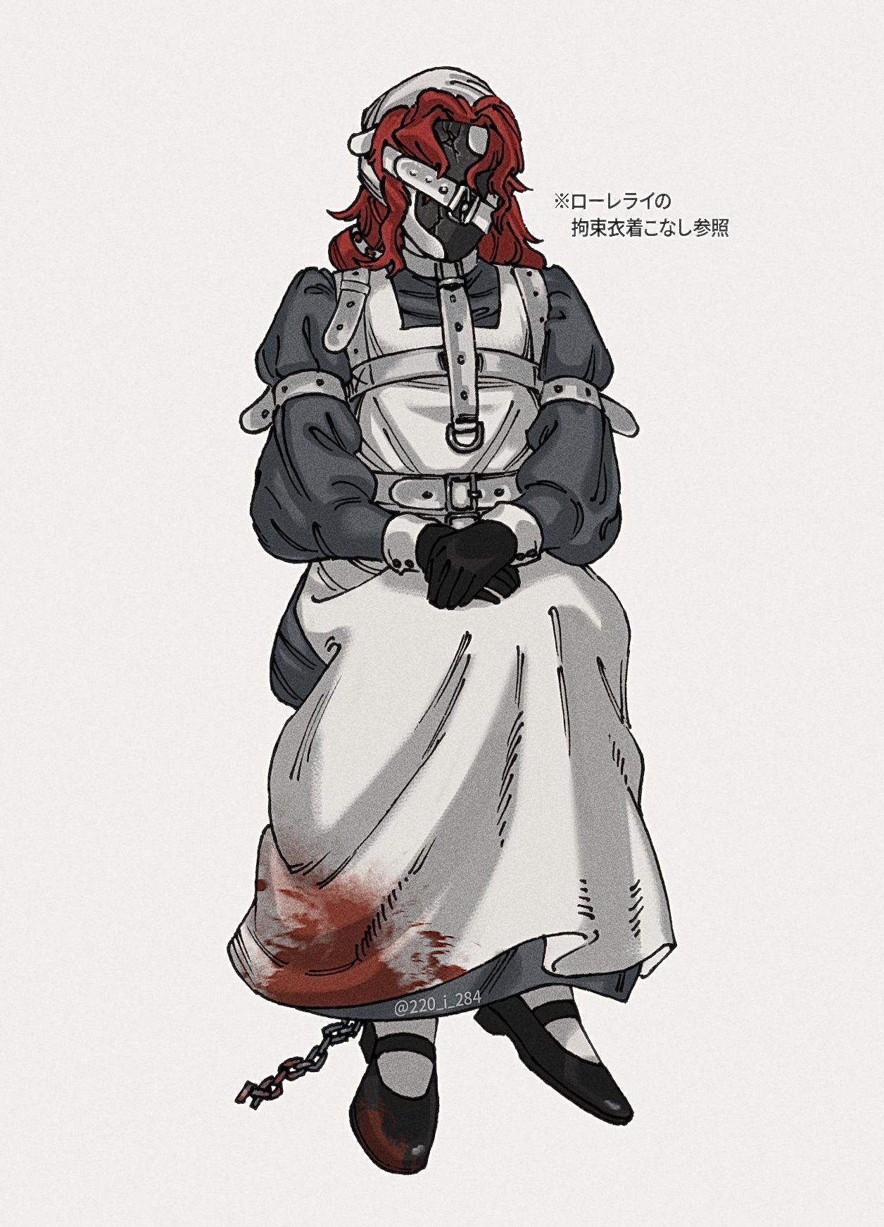i (220 i 284), aleph (reverse:1999), reverse:1999, highres, 1boy, alternate costume, apron, arm belt, belt, black dress, black gloves, black mask, black shoes, chain, covered face, cracked mask, crossdressing, crossdressing (mtf), dress, enmaided, facing viewer, full body, gloves, invisible chair, long hair, maid, male focus, male maid, mary janes, own hands together, red hair, shoes, sitting, solo, white apron, white background, white belt